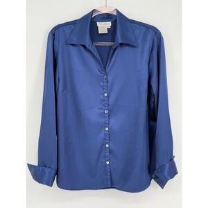 Fred David Stretch Sz L Navy Blue Silky Button Up Shirt‎ Bliouse Womens